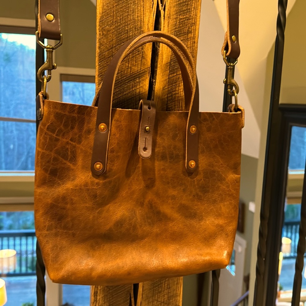 Go Forth Goods Avery Leather Tote Bag- Mini Crossbody- color: Peanut Bison - Picture 2 of 10